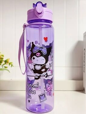 Kuromi Purple Flip-Top Water Bottle with Straw – Leak-Resistant